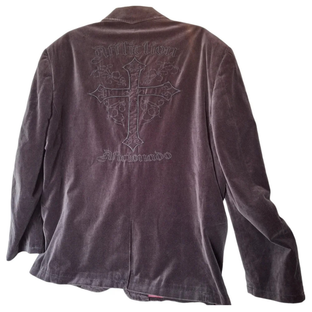 Affliction Red Label Black Velvet Graphic  Cross Blazer Men Size XL 48-50 - Picture 4 of 12